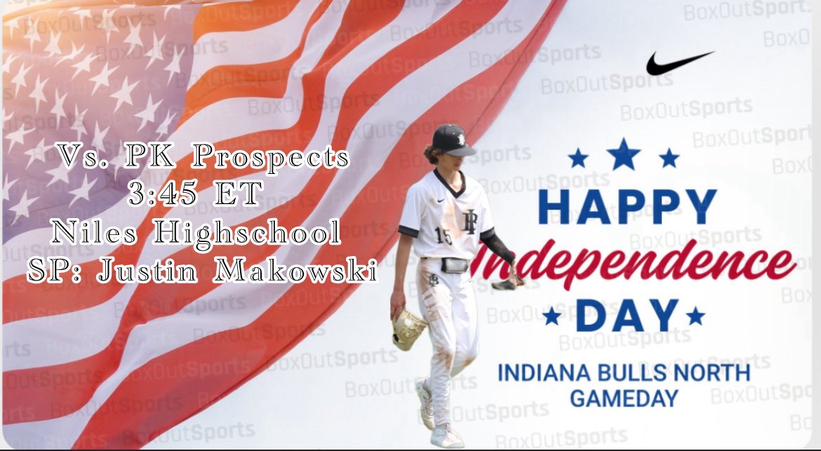 Always a great day when you get to play ball on the 4th of July! 
🆚 PK Prospects 
⏱️3:45 ET 
📍Niles HS 
☄️Starting Pitcher: Justin Makowski 
<a href="/Justin_Mak15/">Justin Makowski</a>