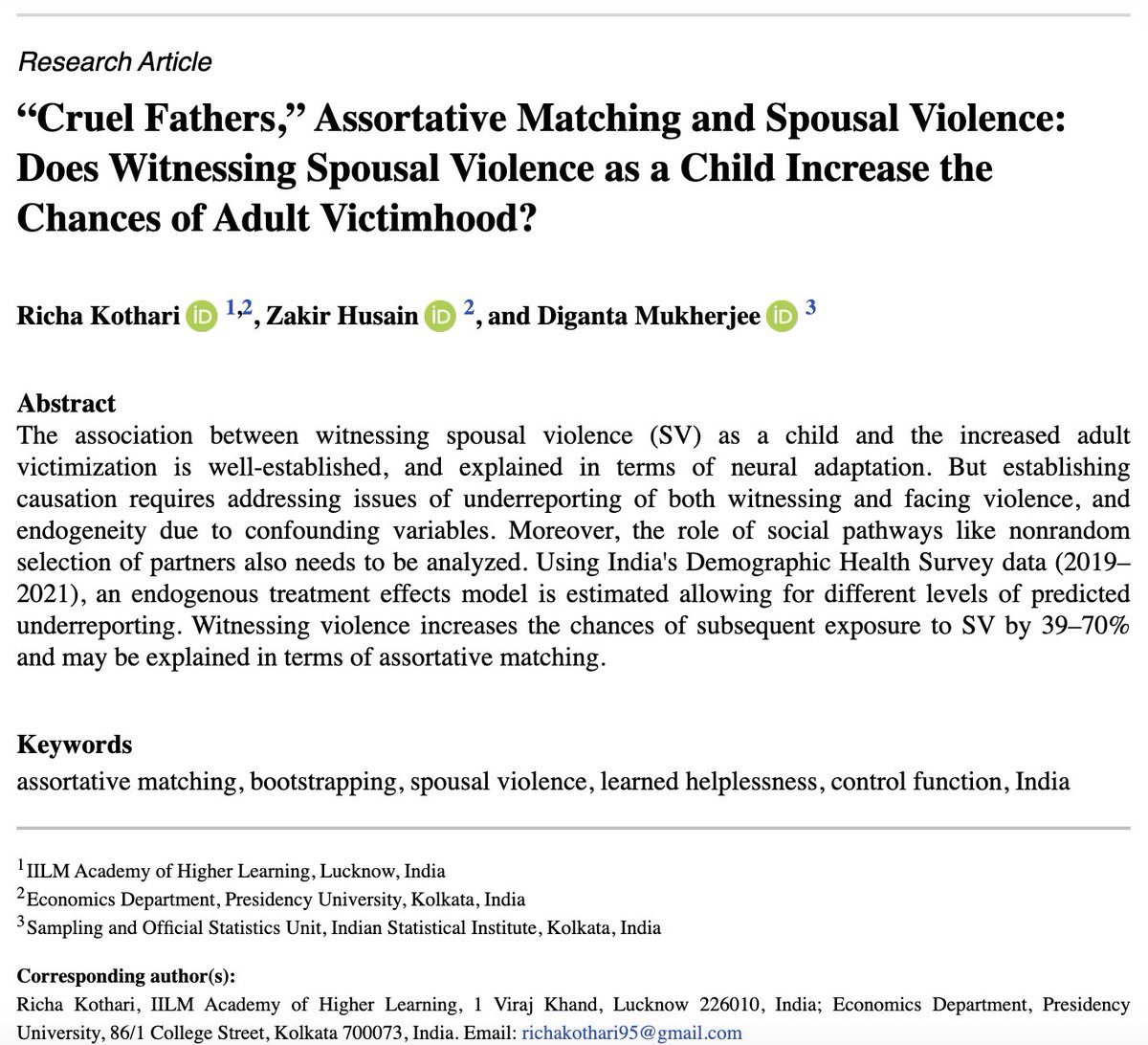 VAWJournal's tweet image. In India, when a mother experiences spousal violence, her daughter is more likely to face the same fate. This work explores how spousal violence is passed down through generations, and why breaking the cycle is essential for women & girls. Read more here: journals.sagepub.com/doi/abs/10.117…