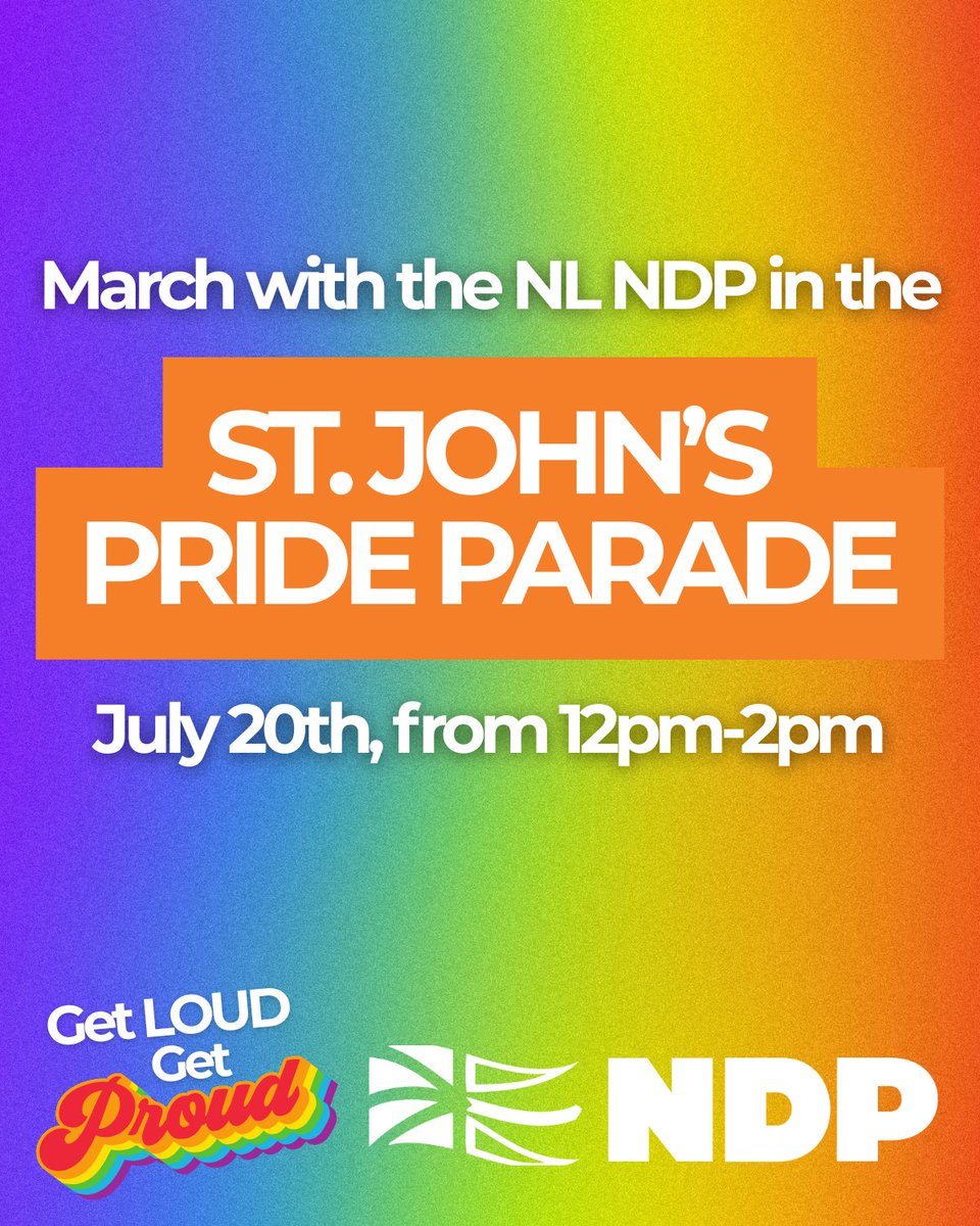The NL NDP (@nlndp) on Twitter photo π³οΈβππ³οΈββ§οΈJoin the NL NDP on Sunday July 20th and march in the St. Johnβs Pride Parade to show our solidarity and support of NL's 2SLGBTQIA+ community!
Let us know if you can make it: volunteer.nsndp.ca/SJEV/rsvp/2cb4β¦
The parade begins at St. John's City Hall. Look for the NL NDP banner.ππ§‘ π³οΈβππ³οΈββ§οΈJoin the NL NDP on Sunday July 20th and march in the St. Johnβs Pride Parade to show our solidarity and support of NL's 2SLGBTQIA+ community!
Let us know if you can make it: volunteer.nsndp.ca/SJEV/rsvp/2cb4β¦
The parade begins at St. John's City Hall. Look for the NL NDP banner.ππ§‘