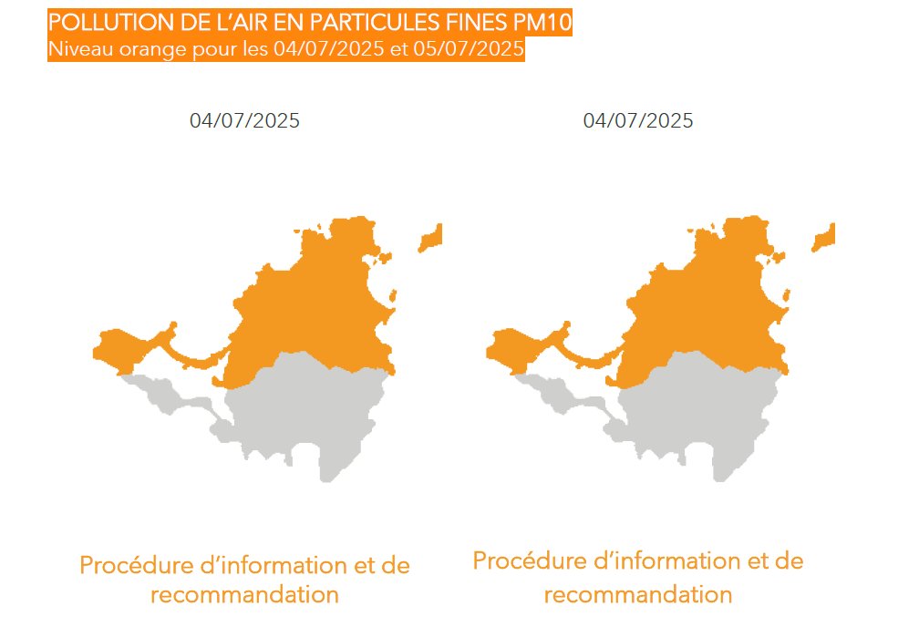 GWADAIR971's tweet image. [#picdepollution] Gwad’Air prévoit pour aujourd’hui et demain le dépassement du seuil sanitaire de 50µg/m3 sur 24h en #Guadeloupe &amp;amp; à #SaintMartin.
⏩ L’indice de #QualitéAir est “mauvais”.

⚠️ Face à cette prévision, la procédure d’information et recommandation est déclenchée 🟠