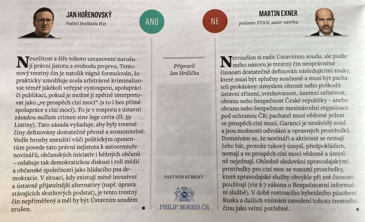 Institut H21 (@ih21_cz) on Twitter photo Trestné činy mají být definovány dostatečně přesně a srozumitelně. Nový trestný čin "Neoprávněná činnost pro cizí moc" je definován velmi vágně a může vést k autocenzuře novinářů,občanských iniciativ i běžných občanů. Nemluvě o potenciální zneužitelnosti.
Píše <a href="/JanHorenovsky/">Jan Hořeňovský</a> v Trestné činy mají být definovány dostatečně přesně a srozumitelně. Nový trestný čin "Neoprávněná činnost pro cizí moc" je definován velmi vágně a může vést k autocenzuře novinářů,občanských iniciativ i běžných občanů. Nemluvě o potenciální zneužitelnosti.
Píše <a href="/JanHorenovsky/">Jan Hořeňovský</a> v