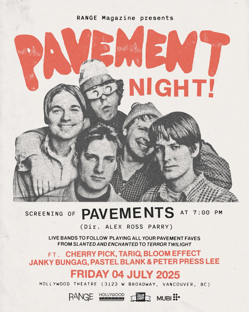 🎶 RANGE Presents Pavement Night Tonight Friday July 4 At Hollywood Theatre With A Screening Of Documentary PAVEMENTS + Pavement Covers Live By Vancouver's Cherry Pick, Tariq, Bloom Effect, Janky Bungag, Pastel Blank &amp; Peter Press Lee 🎶

Tix Via hollywoodtheatre.ca/events/pavemen…