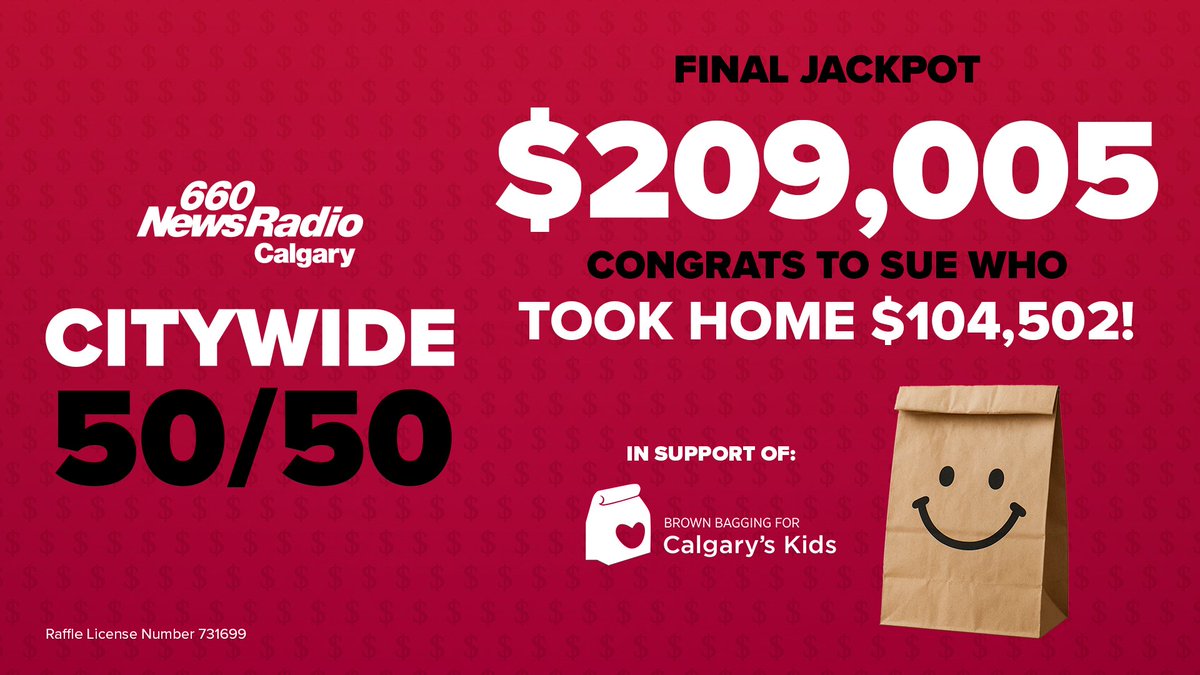 citynewscalgary's tweet image. Congratulations to Sue who won $104,502 with the Citywide 50/50 in support of @BrownBaggingIt!
A big thank you to everyone who purchased a ticket and to @BrownBaggingIt for being a part of our Citywide 50/50.