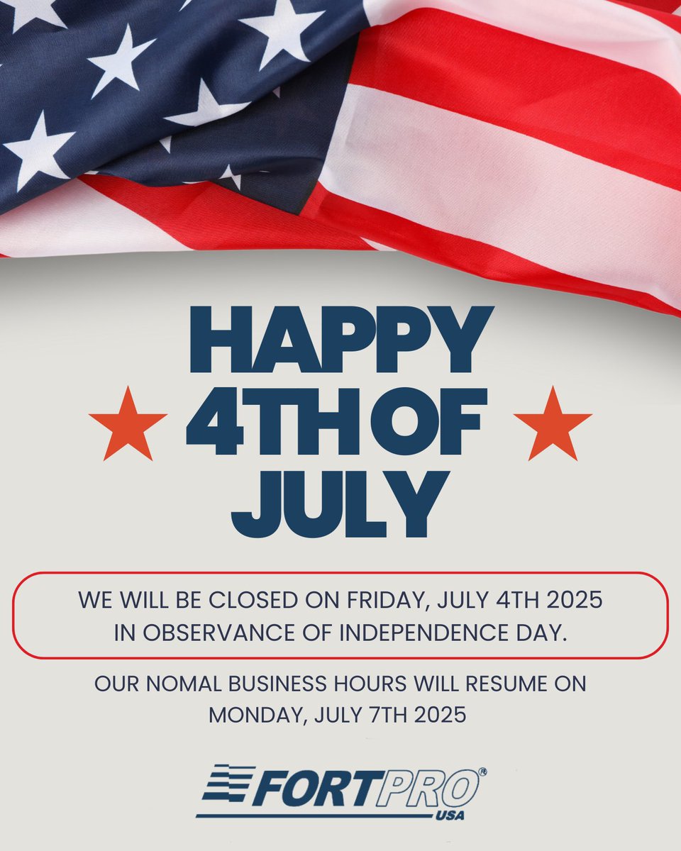 Fortpro's tweet image. 🇺🇸✨ Happy 4th of July!

We celebrate Independence Day in the United States, a day to honor the freedom, history, and spirit of this great nation.

📣 Please note that our U.S. offices will be closed today. We will resume normal operations on Monday, July 7.