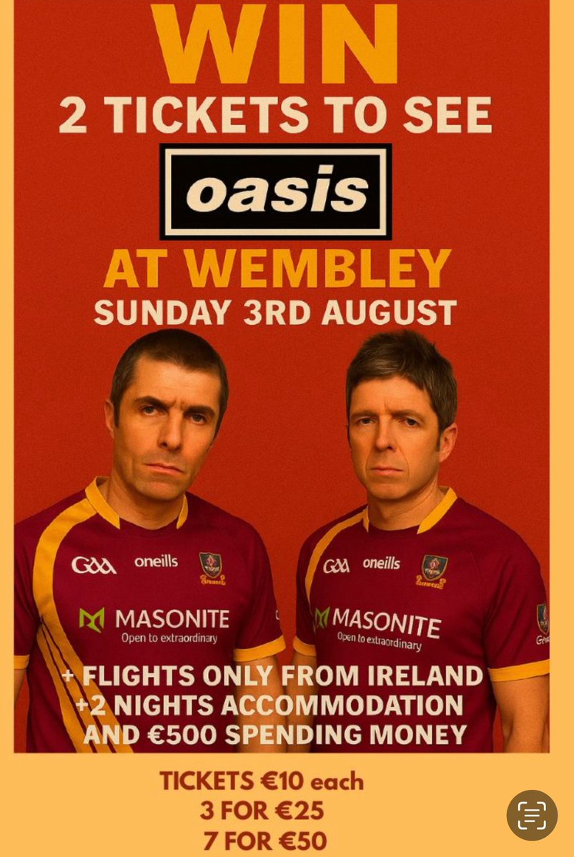 kevin ludlow (@kl1710) on Twitter photo Win 2x Tix to Oasis in Wembley on 3 Aug + return flights from Ireland + 2x nights hotel stay + €500 cash, all for just €10.
Hit the link to enter & support Annaduff LGFA & GAA!
member.clubspot.app/club/annaduff-…
#Oasis #OASISLIVE2025 #Oasis25
<a href="/annaduffgaa/">Annaduff GAA & Annaduff LGFA</a> <a href="/oasis/">Oasis</a> <a href="/mainlyoasis/">Mainly Oasis</a> Win 2x Tix to Oasis in Wembley on 3 Aug + return flights from Ireland + 2x nights hotel stay + €500 cash, all for just €10.
Hit the link to enter & support Annaduff LGFA & GAA!
member.clubspot.app/club/annaduff-…
#Oasis #OASISLIVE2025 #Oasis25
<a href="/annaduffgaa/">Annaduff GAA & Annaduff LGFA</a> <a href="/oasis/">Oasis</a> <a href="/mainlyoasis/">Mainly Oasis</a>
