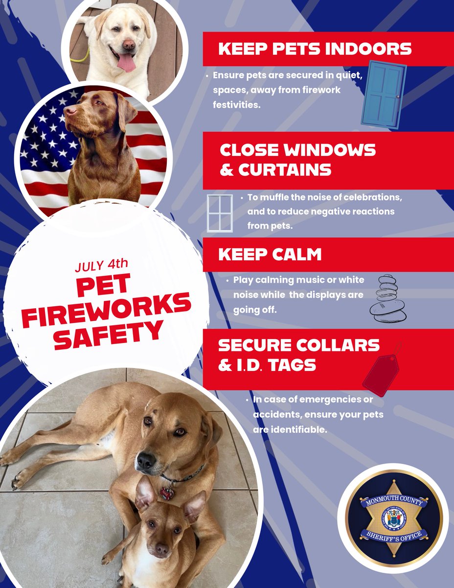 MonmouthSheriff's tweet image. As we celebrate the July 4th Weekend @SheriffGolden&the MCSO remind all that fireworks can be terrifying for pets.
Many experience extreme anxiety from the loud booms during fireworks displays.Pls consider animals before setting off fireworks.
Below are tips to calm their fears.