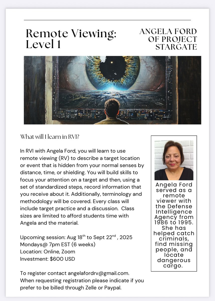 AngelaFordRV's tweet image. My next session begins August 18th, at 7pm ET weekly for 6 weeks. In my course you will connect with your unique subconscious language using ERV. My method is not highly structured, it is intentionally designed to snap you out of structures so you can confront your raw psychic…