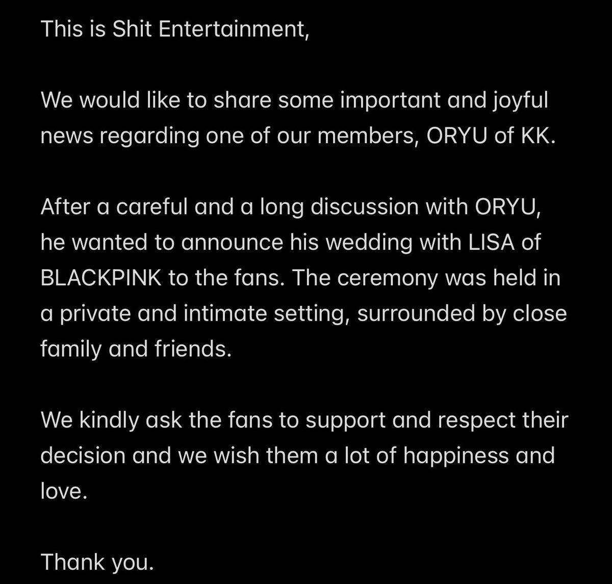 KKluvPOOPIES's tweet photo. [OFFICIAL STATEMENT] #ORYU #LISA https://t.co/V2bBgRlBDG