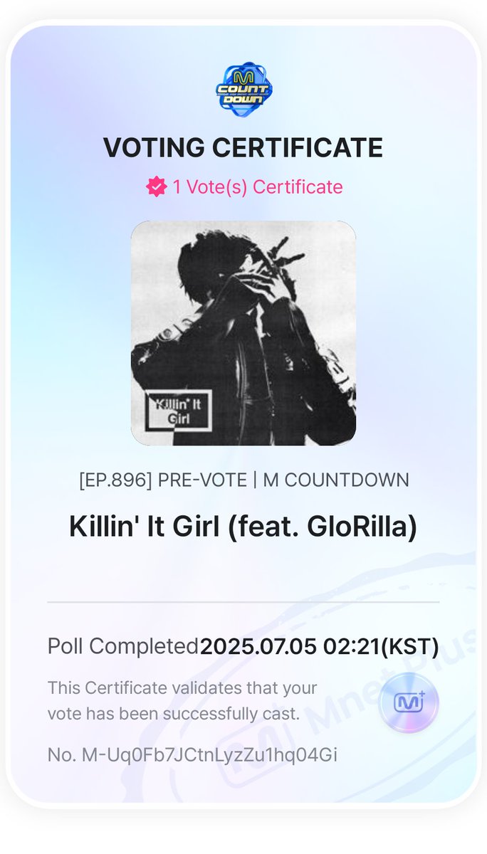 [🗳️] Vote for 'Killin' It Girl' by j-hope on M Countdown!

Pre-vote for Ep.896 
📲 5x/day per account on the Mnet Plus App

⏰ through Monday @ 7:59AM PT / 10:59AM ET
