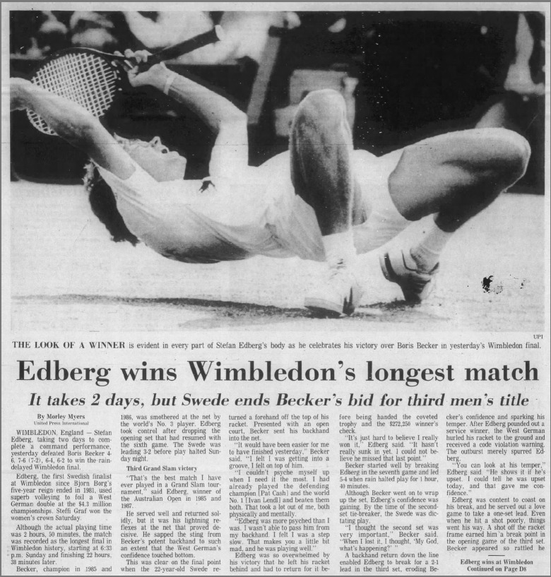 TennisMyLife68's tweet photo. On this July 4, 1988:  

🇸🇪 Stefan #Edberg upsets in a rain delayed Wimbledon final, played on Monday, 🇩🇪 Boris Becker . The "Tacchino Freddo", how called him Giampiero Galeazzi, becomes a heron and saves the career to Rino Tommasi 😀

#Wimbledon #Wimbledon2025 #JoinTheStory https://t.co/voNqECxnFQ