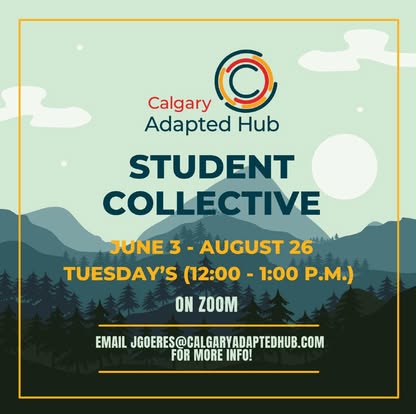 Calgary Adapted Hub powered by Jumpstart (@yycadaptedhub) on Twitter photo Join the Calgary Adapted Hub Student Collective - a weekly space to connect, share ideas, and make a difference in the world of inclusive recreation.
🗓️ Tuesday | June 8 a
🕛 12:00 – 1:00 p.m. (MT)
📍 On Zoom
📧 Email jgoeres@calgaryadaptedhub.com to get involved! Join the Calgary Adapted Hub Student Collective - a weekly space to connect, share ideas, and make a difference in the world of inclusive recreation.
🗓️ Tuesday | June 8 a
🕛 12:00 – 1:00 p.m. (MT)
📍 On Zoom
📧 Email jgoeres@calgaryadaptedhub.com to get involved!