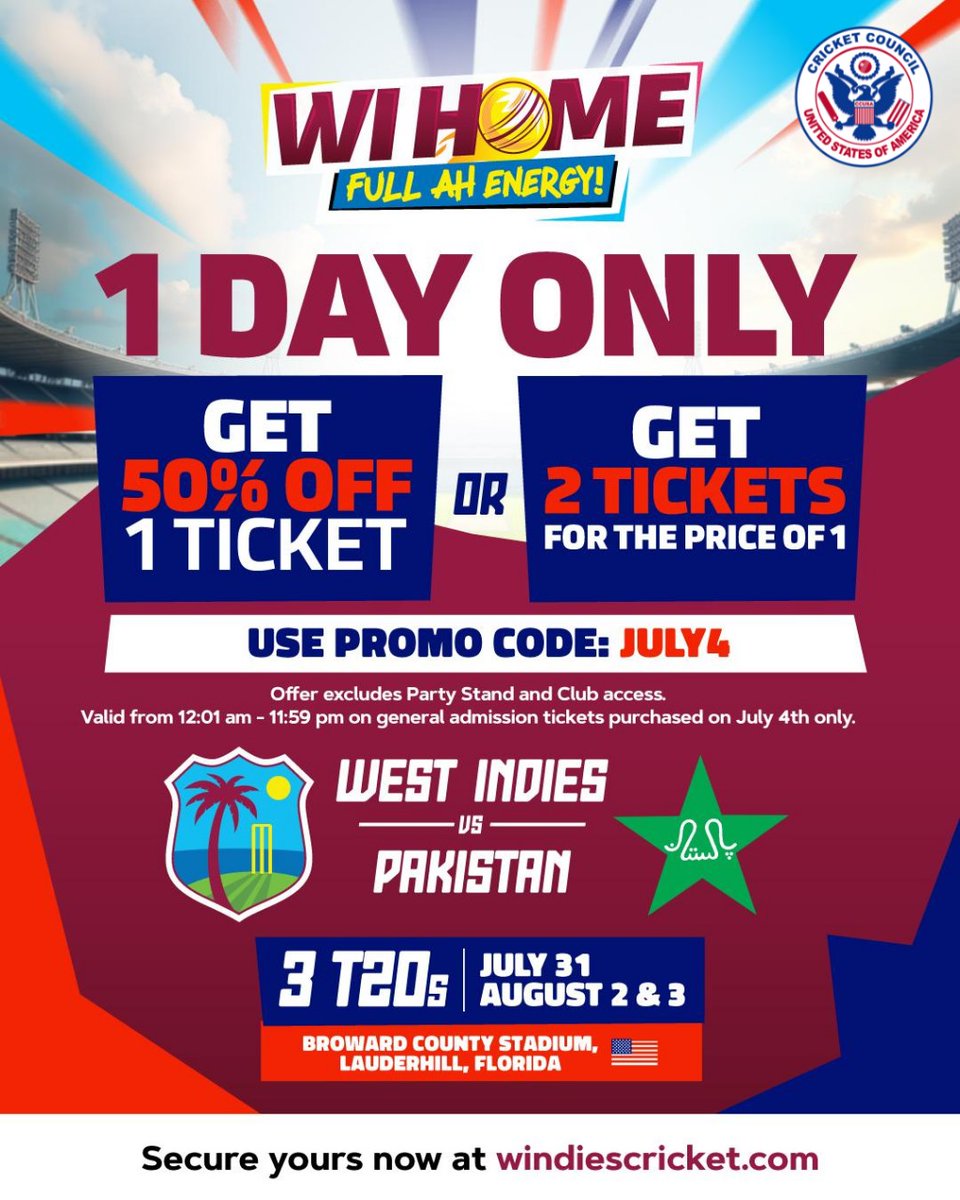 CcusaInfo's tweet image. BIG Cricket Alert! 🌴 vs 🇵🇰🏏
West Indies vs. Pakistan - 3 T20s in Florida!
West Indies vs Pakistan | 3 T20s | July 31, August 2 &amp;amp; 3 | 8PM
📍 Broward County Stadium, Florida

1 DAY ONLY DEAL! 🔥 Get 50% OFF 1 Ticket OR 2 for 1!
Use Code: JULY4. Ends July 4th! — courtesy of CCUSA!