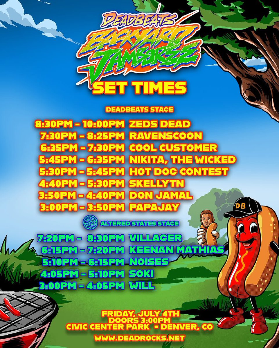 Global Dance Events (@globaldanceus) on Twitter photo TODAY’S THE DAY 🌭🔥 <a href="/deadbeats/">Deadbeats ☠️</a> Jamboree takes over Civic Center Park with hot dogs, dunk tanks, games & a massive lineup led by <a href="/zedsdead/">Zeds Dead</a> 🔊
<a href="/RAVENSCOON/">PAUL</a> <a href="/coolcustomer_/">Cool Customer</a> <a href="/nikitathewicked/">Nikita, the Wicked</a> <a href="/skellytn/">skellytn</a> <a href="/DonJamalMusic/">Jamal</a> Papajay <a href="/villagersound/">villager</a> Keenan Mathias <a href="/noisesintl/">NOISES</a> <a href="/soki4evr/">Soki</a> & Will TODAY’S THE DAY 🌭🔥 <a href="/deadbeats/">Deadbeats ☠️</a> Jamboree takes over Civic Center Park with hot dogs, dunk tanks, games & a massive lineup led by <a href="/zedsdead/">Zeds Dead</a> 🔊
<a href="/RAVENSCOON/">PAUL</a> <a href="/coolcustomer_/">Cool Customer</a> <a href="/nikitathewicked/">Nikita, the Wicked</a> <a href="/skellytn/">skellytn</a> <a href="/DonJamalMusic/">Jamal</a> Papajay <a href="/villagersound/">villager</a> Keenan Mathias <a href="/noisesintl/">NOISES</a> <a href="/soki4evr/">Soki</a> & Will
