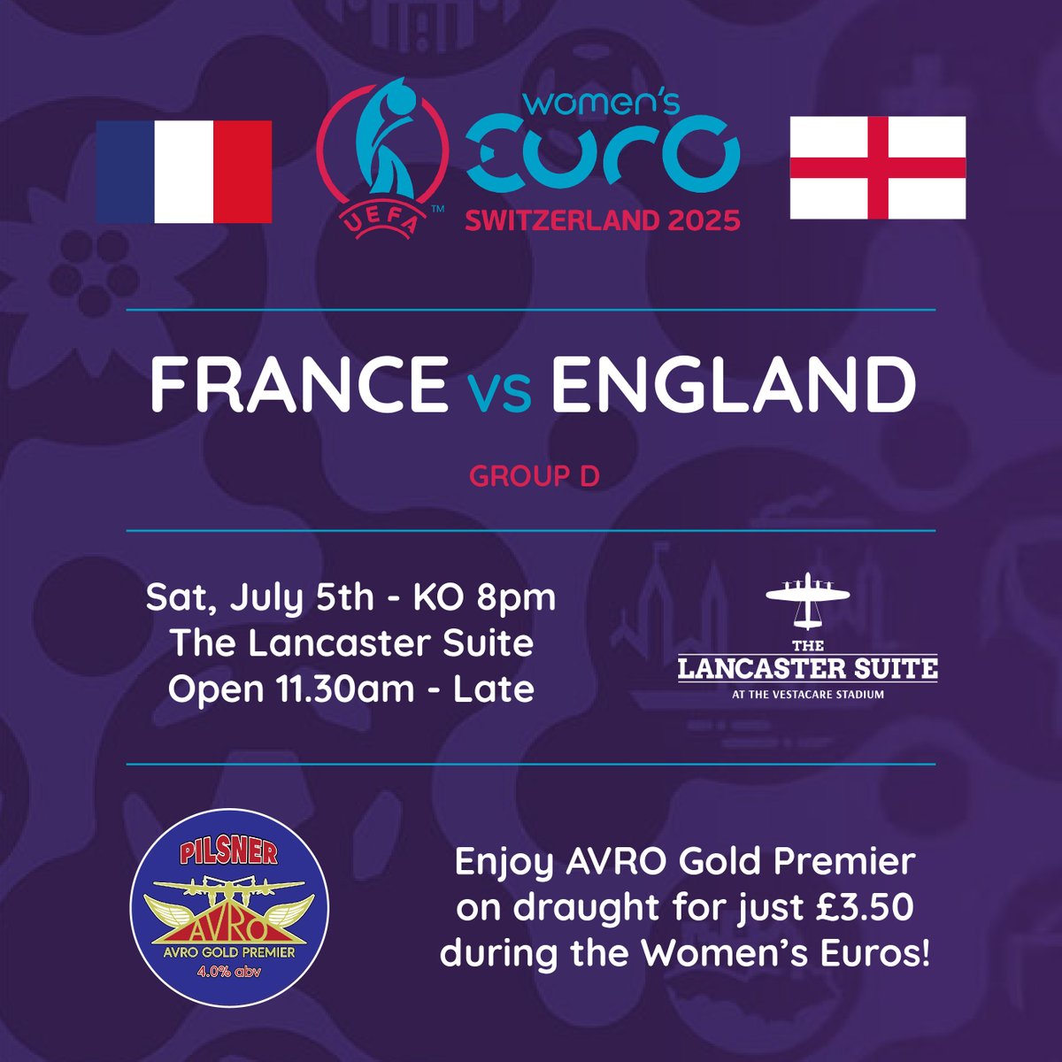 🇫🇷 France vs England 🏴󠁧󠁢󠁥󠁮󠁧󠁿 | UEFA Women’s EURO
📅 Sat, July 5th | 🕗 KO 8PM
📍 The Lancaster Suite – open from 11:30am
🍺 AVRO Gold Premier just £3.50 during the match!
#WEURO2022 #FRAvENG #WomensFootball