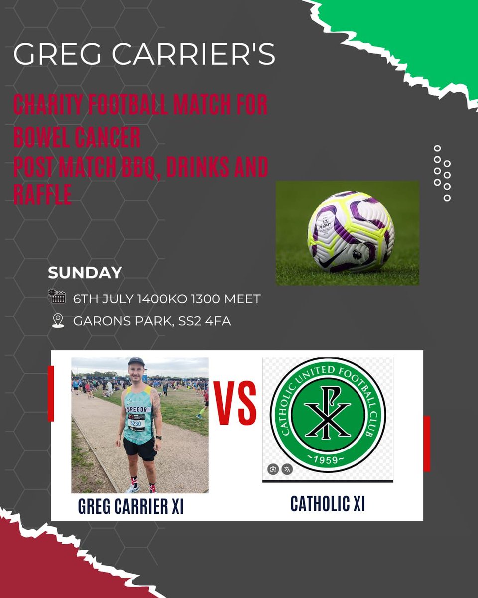 ⚽ Charity Football Match for Greg &amp; Bowel Cancer UK ⚽

Some of our friends in local football are coming together for a special charity match in support of Greg Carrier, who’s bravely facing advanced bowel cancer.

Greg was first diagnosed in 2021 and has been through multiple
