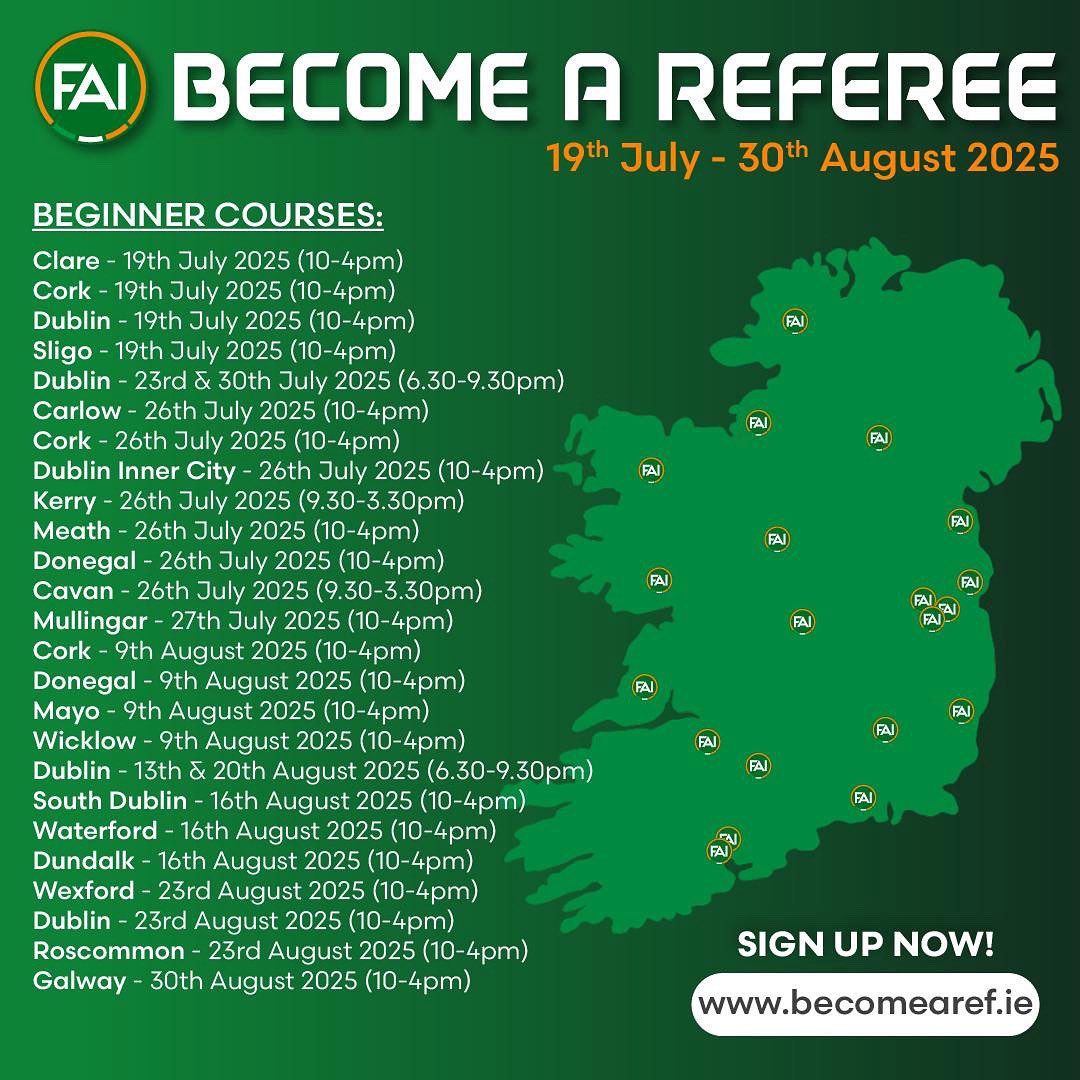 𝐑𝐞𝐟𝐞𝐫𝐞𝐞𝐬 𝐖𝐚𝐧𝐭𝐞𝐝

We’re currently looking for enthusiastic individuals who have an interest in football to consider becoming a referee. If interested please visit becomearef.ie to sign up now for a beginner course.