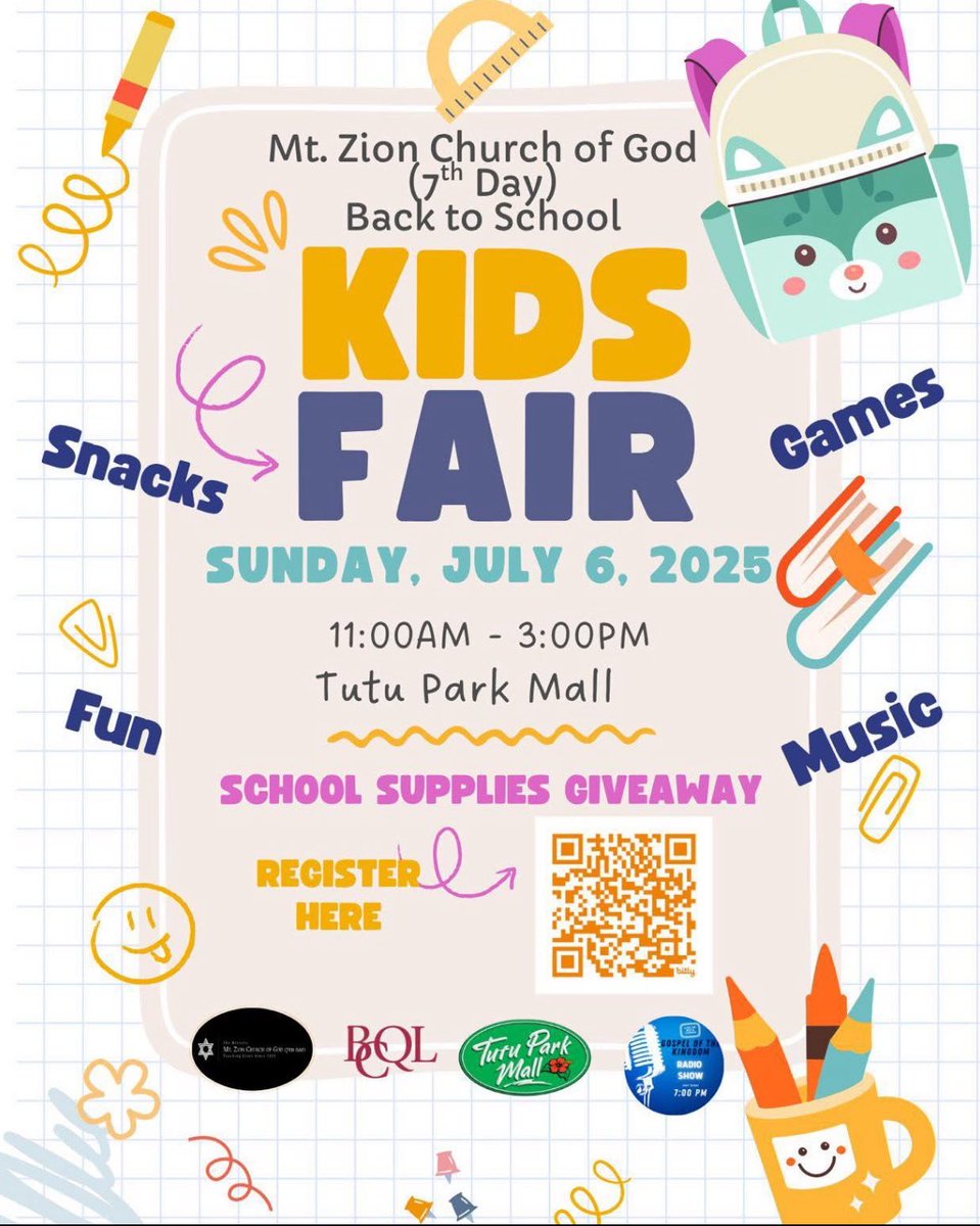 🎉 Join Us for Our Inaugural Back-to-School Kids Fair! 🎉

The Mt. Zion Church of God 7th Day along with Tutu Park Mall will host a special community day for children of all ages and the family.

Registration Link: bit.ly/3Fr4pKi