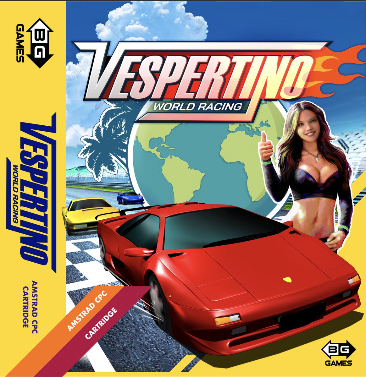 Una posibilidad para la caja de VESPERTINO WORLD RACING, con colores que suenan a CPC. (A la chica y al fondo le faltan bastante retoque, me costará unos días)