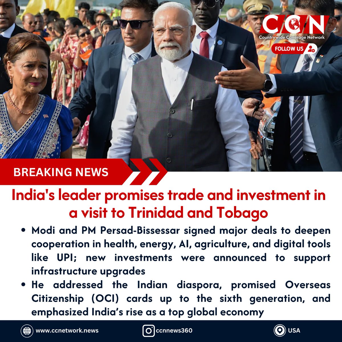 CCNNews360's tweet image. Modi visits Trinidad &amp;amp; Tobago for the first time since 1999, pledging new trade, energy, health &amp;amp; AI partnerships. He hailed UPI adoption, announced investments in infrastructure &amp;amp; OCI cards up to 6th gen. A key South–South strategic boost! #IndiaTobago #ModiTour