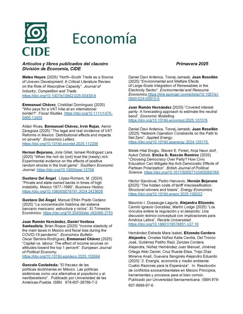 La División de Economía del <a href="/CIDE_MX/">CIDE</a> se enorgullece en compartir las publicaciones académicas durante el Semestre de Primavera 2025 del claustro de profesoras y profersores que conforman la división. 

Los artículos cubren diversos temas, desde #Regulación y #CambioClimático, a