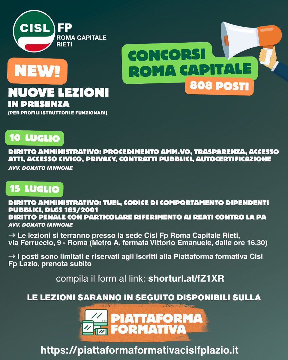 cisl_fplazio's tweet photo. 🆕#Concorsi #RomaCapitale 808 posti. Con @cisl_fplazio, nuove #lezioni in presenza per i profili #Istruttori e #Funzionari, #10luglio e #15luglio. Non perderle, prenota subito!👇
#ilmiolavorovale #ConcorsoPubblico #ConcorsiPubblici https://t.co/fuZrIJCKHp