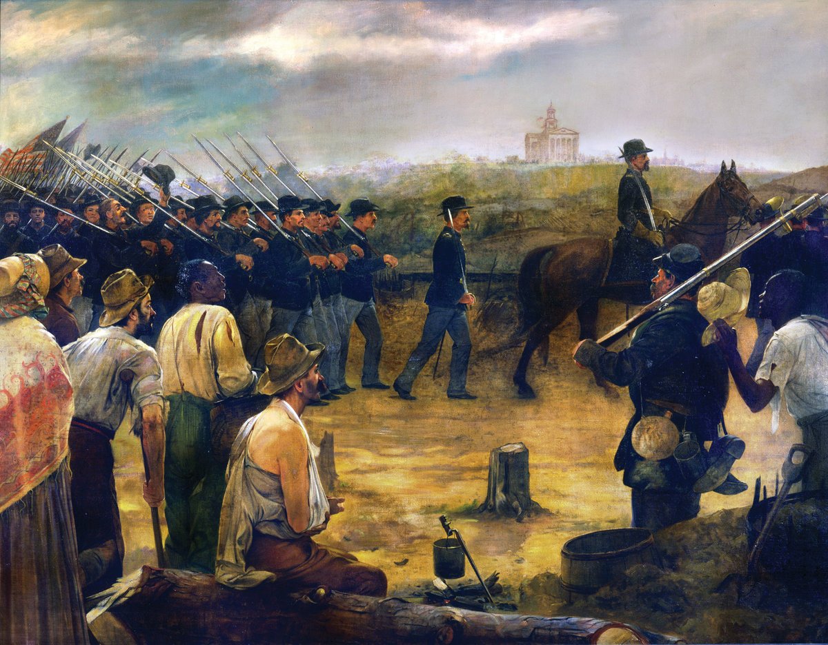 Happy #FourthOfJuly! Shown here: The 4th Minnesota  Infantry is depicted entering Vicksburg, the strategically vital city on the Mississippi River that fell to Union forces #otd in 1863, in a painting by Francis Millet. #independenceday2025 #CivilWar