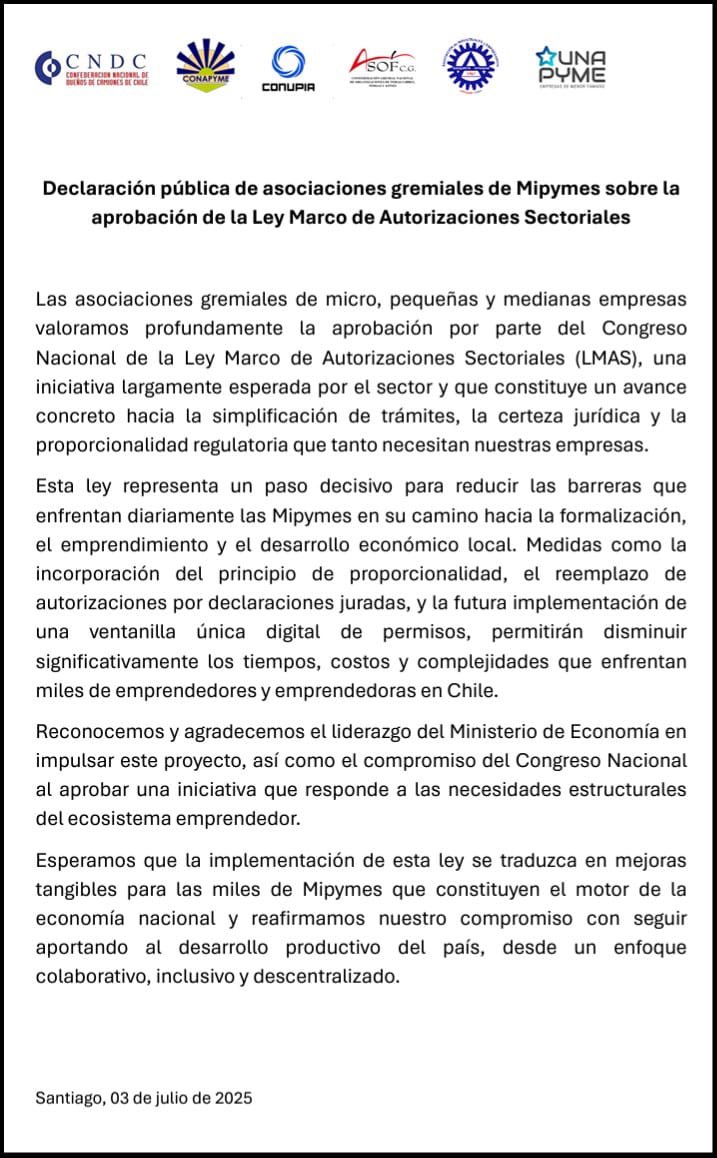 Los Gremios pymes valoramos la ley de permisos sectoriales que facilitan tramitaciones, digitalizan procesos y disminuyen costos para nuestro sector.