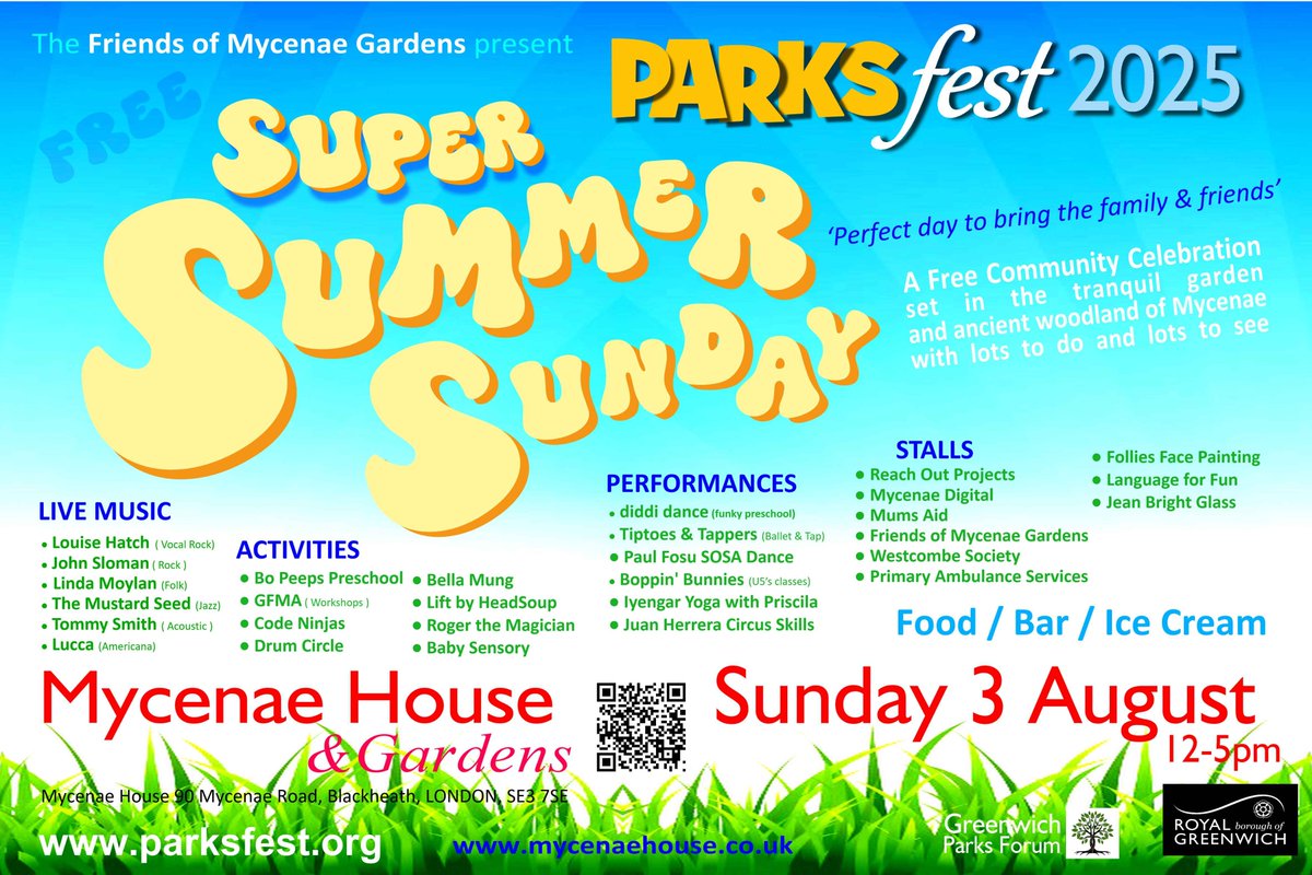 Look at some of the fun in store for us at #PARKSfest #FamilyFestival on Sun 3 Aug 12-5pm, there'll be plenty of live music, activities, performances &amp; stalls, plus food/bar/ice cream!

#Free entry! Bring your family &amp; friends for a fun-filled afternoon!

#Blackheath #Greenwich