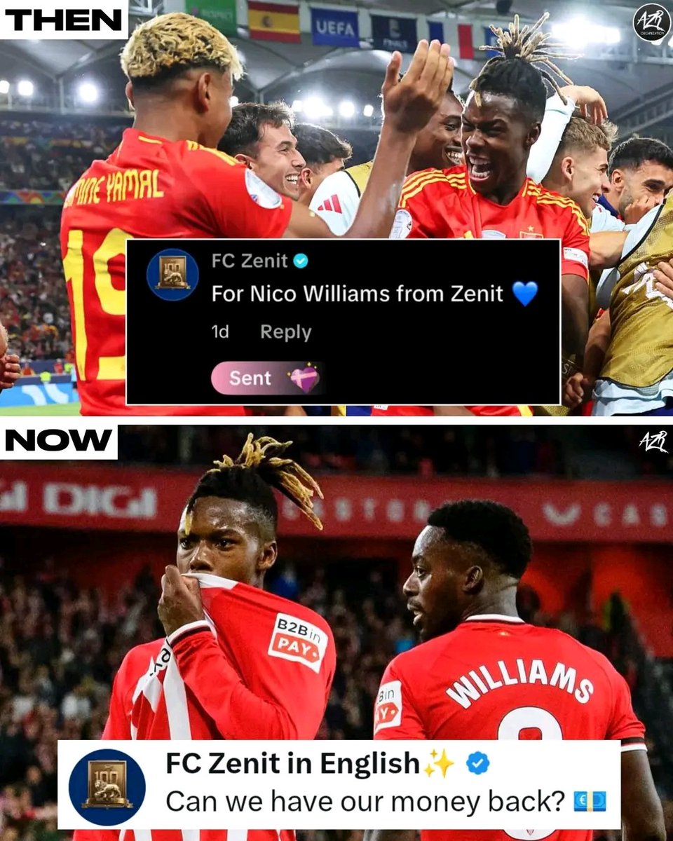 Paa2345's tweet photo. Few weeks ago, FC Zenit donated Money for Nico Williams' Transfer to FC Barcelona (on TikTok)

And Now, after Nico Williams Rejected Barça to stay at Athletic Club..

FC Zenit wants their money back! https://t.co/NKpApAzZg2