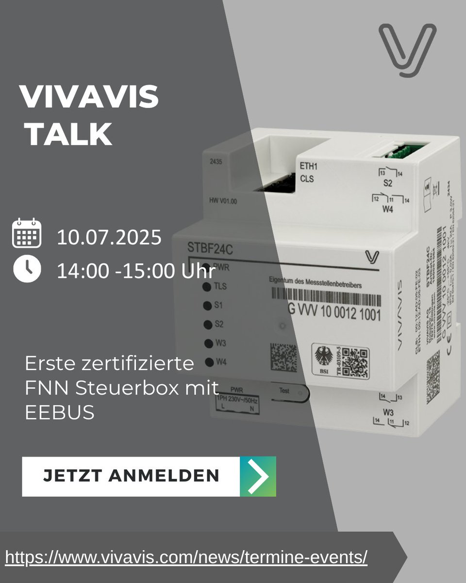 🔌 Jetzt anmelden: VIVAVIS Talk zur FNN-Steuerbox – am 10. Juli, 14–15 Uhr!
Mit EEBUS, TR-5 &amp; BSZ-zertifiziert.
Erfahren Sie, was das für CLS &amp; Netzbetrieb bedeutet.
👉 sohub.io/kvya
#VIVAVISTalk #FNNSteuerbox #EEBUS #SmartGrid #CLSManagement #Digitalisierung