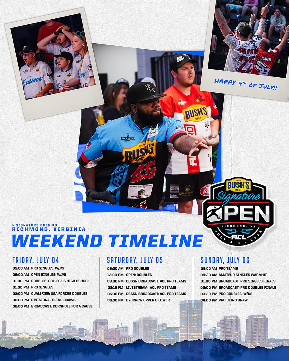 iplaycornhole's tweet image. Bags up, Richmond! We hope everyone has a safe & happy July 4th weekend! 🇺🇸
🔗 Weekend brackets: bit.ly/Signature-6-br…
🎟️ Get your broadcast tickets: bit.ly/signature-6-br…