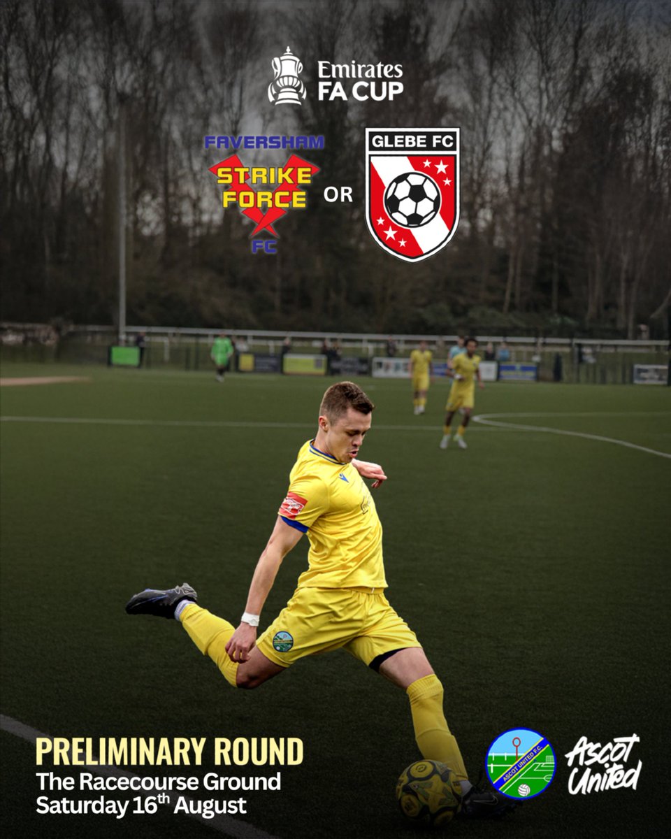 Ascot United FC (@ascotunitedfc) on Twitter photo We have been drawn at Home against either <a href="/StrikeForce_FC/">Faversham Strike Force FC ⚡️</a> or <a href="/glebefootball/">Chislehurst Glebe FC</a> in the Preliminary Round of the <a href="/EmiratesFACup/">Emirates FA Cup</a> 🏆
Tie to be played on Saturday, 16th of August.
#WeAreAscot #UpTheYellas💛💙 We have been drawn at Home against either <a href="/StrikeForce_FC/">Faversham Strike Force FC ⚡️</a> or <a href="/glebefootball/">Chislehurst Glebe FC</a> in the Preliminary Round of the <a href="/EmiratesFACup/">Emirates FA Cup</a> 🏆
Tie to be played on Saturday, 16th of August.
#WeAreAscot #UpTheYellas💛💙