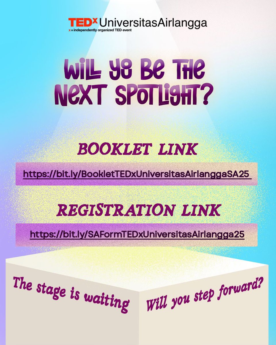 🌟 Ready to spark change? Be part of TEDxUniversitasAirlangga 2025! 💡🌊
Your voice matters—let’s turn ideas into impact. 🗣️✨

🕒 Apply by July 6: bit.ly/SAFormTEDxUniv…

#TEDx #TEDxUniversitasAirlangga #IdeasChangeEverything