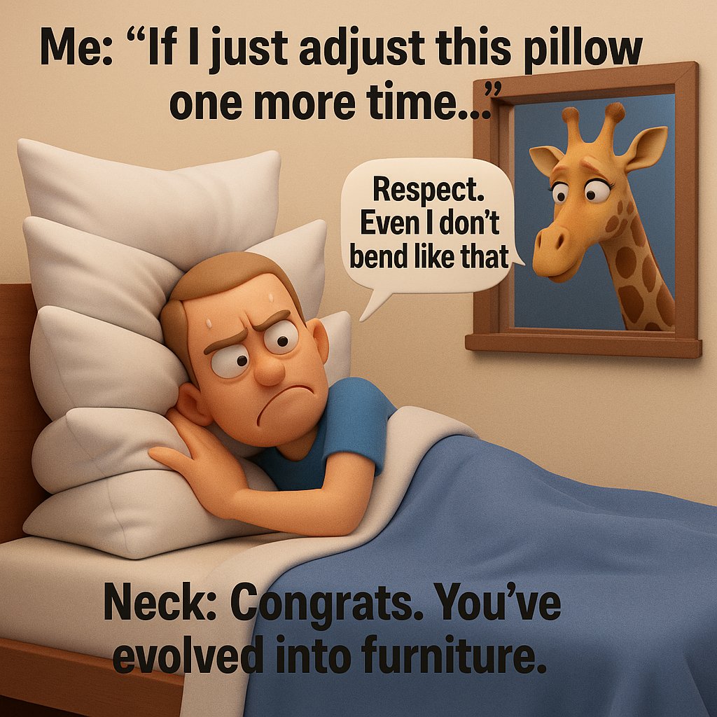 ItHurtscom's tweet image. 🛏️ Me: “Just one more pillow… for support.”
🦒 Giraffe: “Okay but why you flexing like me?”
📦 Neck: “Built like a paper straw — help.”

🔗 Stack comfort, not pillows → ithurts.com/best-reviewed-…

#NeckPainRelief #SleepStruggles #ChronicPainHumor #FunnyHealthMeme
#PostureProblems…