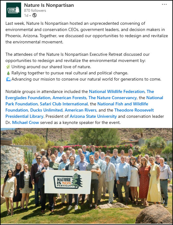 Gary Wockner: Make EARTH Great Again! (@garywockner) on Twitter photo Bravo to these groups and people for taking a shot at moving environmentalism, and environmental protection, forward in its darkest hour. Do your best to make Teddy Roosevelt proud.
<a href="/NINP_org/">Nature Is Nonpartisan</a> Bravo to these groups and people for taking a shot at moving environmentalism, and environmental protection, forward in its darkest hour. Do your best to make Teddy Roosevelt proud.
<a href="/NINP_org/">Nature Is Nonpartisan</a>