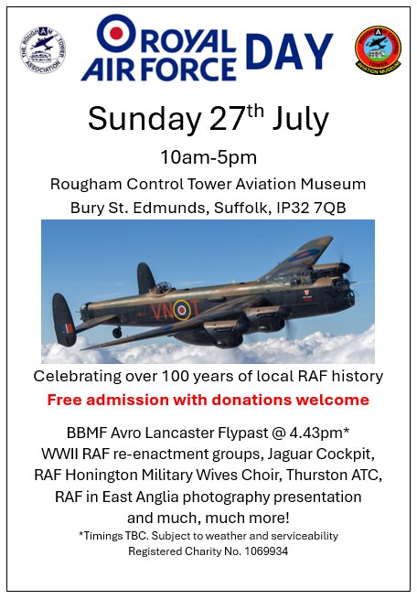 RCTAM94th's tweet image. A big update for our RAF Day on Sunday 27th July and hopefully 2nd time lucky. We will have the BBMF Lancaster performing a flypast over the museum! Subject to weather and serviceability. Official timings TBC but we're pencilled in for 4.43pm.
Free entry with donations welcome!