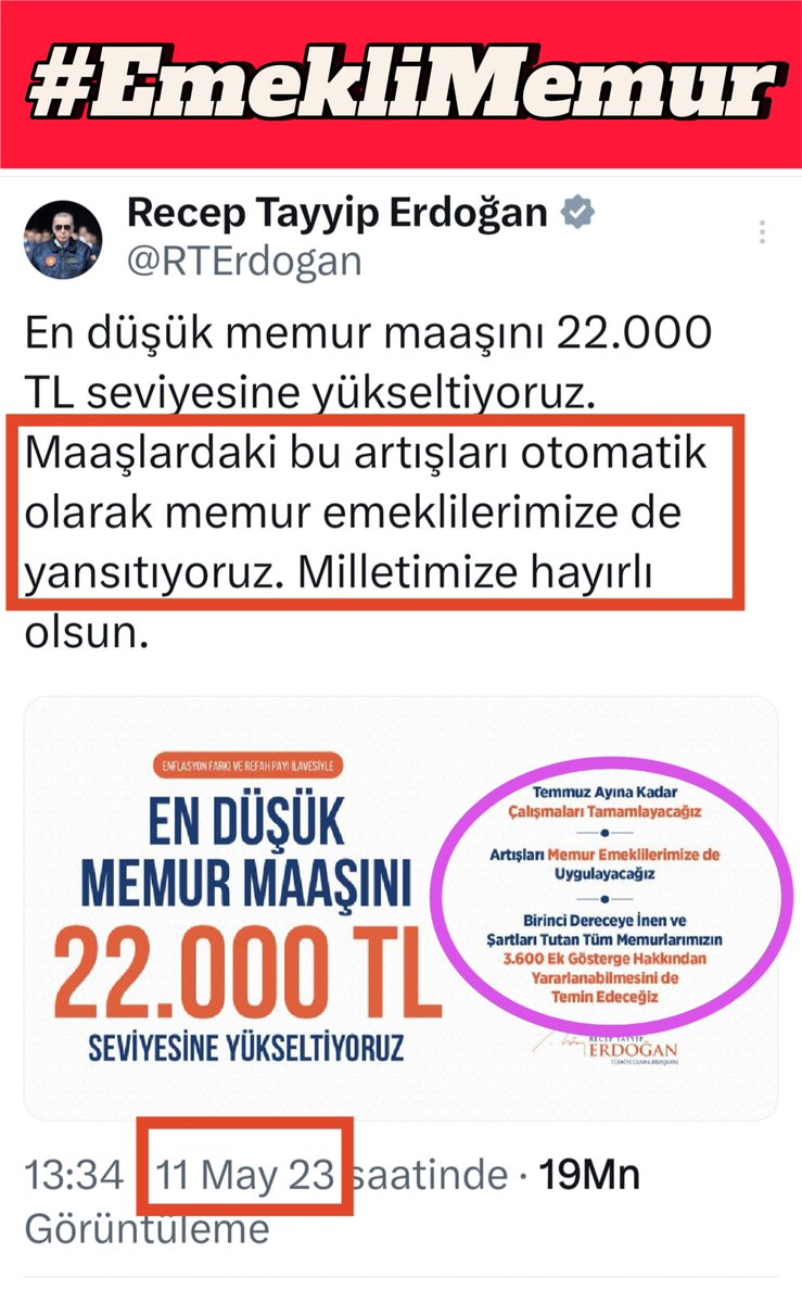 ♦️Memur ve Memur Emeklileri aynı yasalara ve müktesep haklara sahiptir, ayrıştırılamaz 
♦️Memurlara yapılan tüm artışlar OTOMATİK olarak Memur Emeklilerinin aylıklarına da yansımak zorundadır 
♦️Cumhurbaşkanı Recep Tayyip Erdoğan da 11 Mayıs 2023 günü resmi hesaplarından yazılı