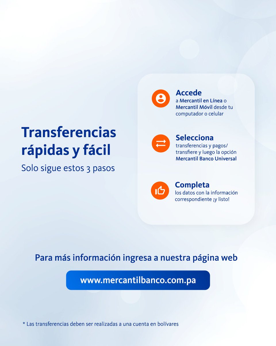 💙 Haz que tu apoyo llegue directo al corazón de tu familia.​
Desde Panamá, puedes enviar dinero en pocos pasos a Mercantil Venezuela​

Rápido, seguro y confiable. Porque cuando ellos te necesitan, tú estás presente.​
​
#TransferenciasFaciles #Mercantil #Mercantil