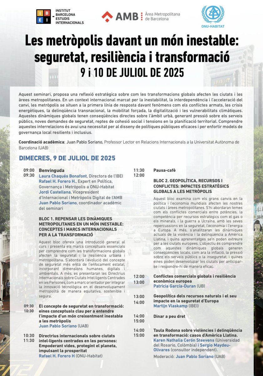 AMB_MetroGlobal's tweet image. 🌍 Com responen les metròpolis als grans canvis globals?
🗓️ 9 i 10 de juliol: Seminari internacional organitzat conjuntament amb
@IBEI i @UNHABITAT.
📥 Inscripcions: relinternacionals@amb.cat