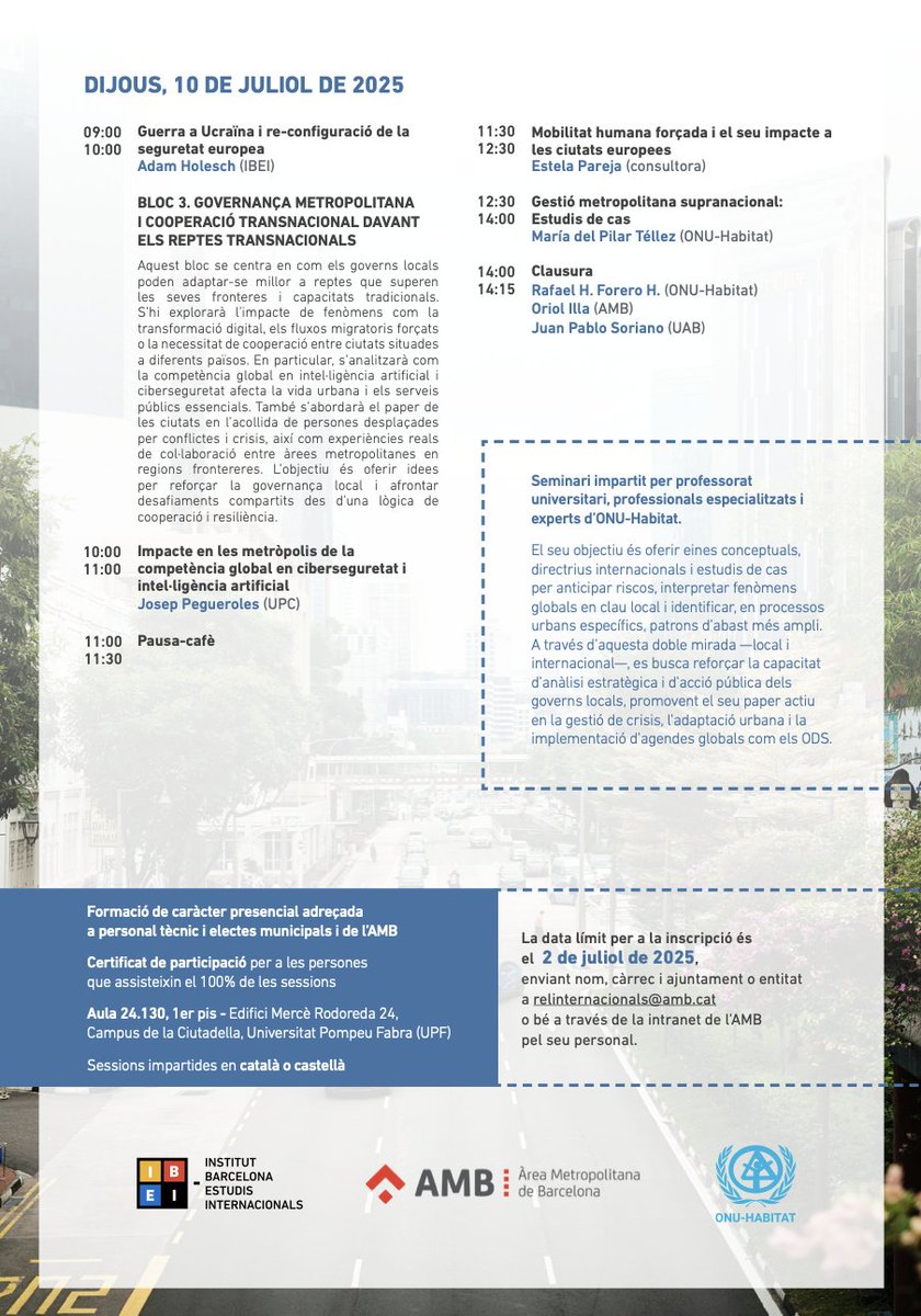 AMB_MetroGlobal's tweet image. 🌍 Com responen les metròpolis als grans canvis globals?
🗓️ 9 i 10 de juliol: Seminari internacional organitzat conjuntament amb
@IBEI i @UNHABITAT.
📥 Inscripcions: relinternacionals@amb.cat