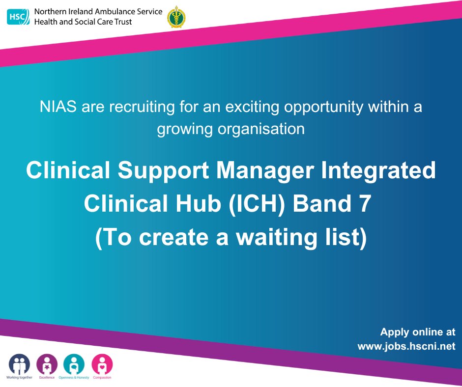 🚑 Job vacancy🚑
NIAS are recruiting for an exciting opportunity within a growing organisation.       

🔹Clinical Support Manager – Integrated Clinical Hub (ICH) Band 7
🔗Apply online at: jobs.hscni.net/Job/42011/nias…

Closing date is 15 July 2025 at 6pm