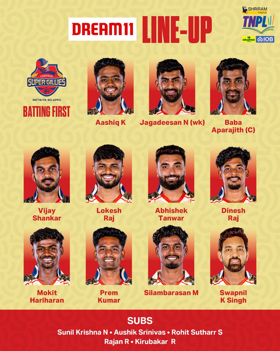 TNPremierLeague's tweet photo. Dindigul Dragons have won the toss and elected to bowl first! 🏏
#CSGvDD #TNPL #TNPL2025 #NammaOoruNammaGethu https://t.co/pledoUx6Qq