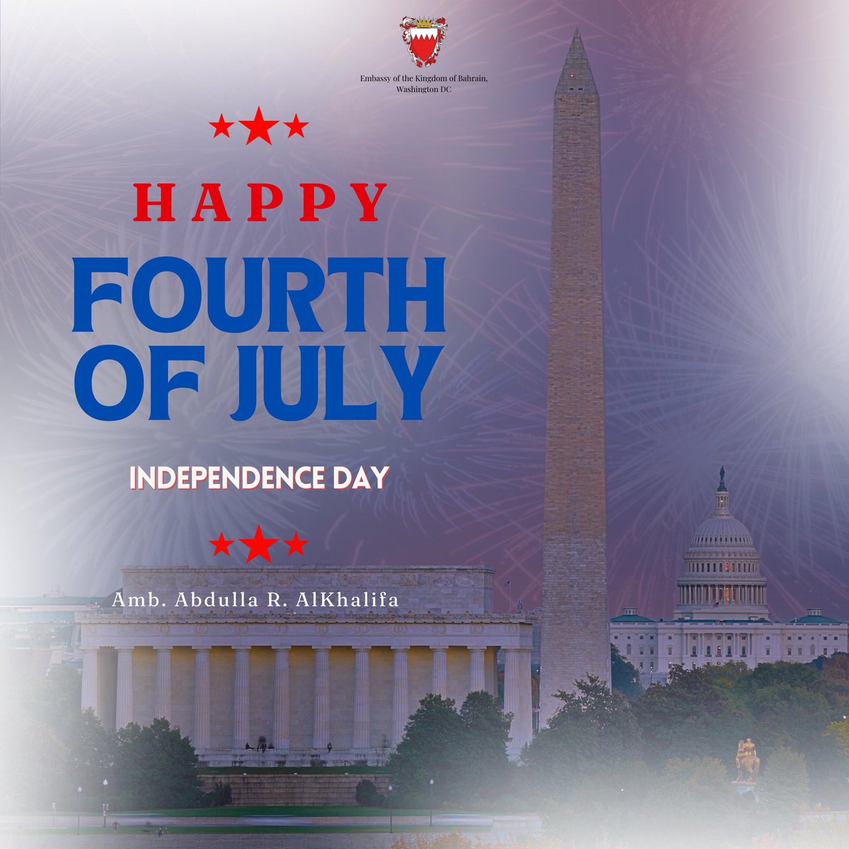 Wishing our American friends in Bahrain, or wherever they may be, a joyful Independence Day!

Bahrain remains proud of the 🇧🇭🇺🇸 partnership, built on shared values and lasting friendship. Happy 4th of July everyone! 
🌭🥧🎇