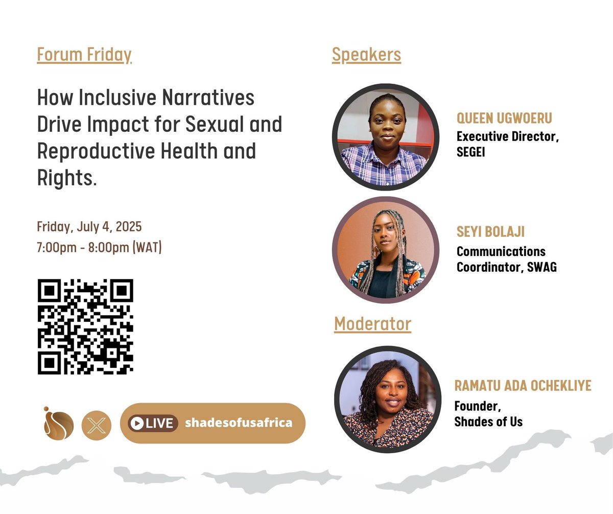 Seyi Bolaji (@_seyiwryte) on Twitter photo At 7:00pm, I will be LIVE on Forum Friday, hosted by <a href="/shadesofusafric/">SHADES OF US</a>.
I will discuss the innovative approaches we are using at <a href="/swag_initiative/">Stand With A Girl Initiative</a> to promote SRHR & how our Campus Unites for SRH (CUFs) Project is leveraging storytelling & Mobile Community Theatre to promote SRH. At 7:00pm, I will be LIVE on Forum Friday, hosted by <a href="/shadesofusafric/">SHADES OF US</a>.
I will discuss the innovative approaches we are using at <a href="/swag_initiative/">Stand With A Girl Initiative</a> to promote SRHR & how our Campus Unites for SRH (CUFs) Project is leveraging storytelling & Mobile Community Theatre to promote SRH.
