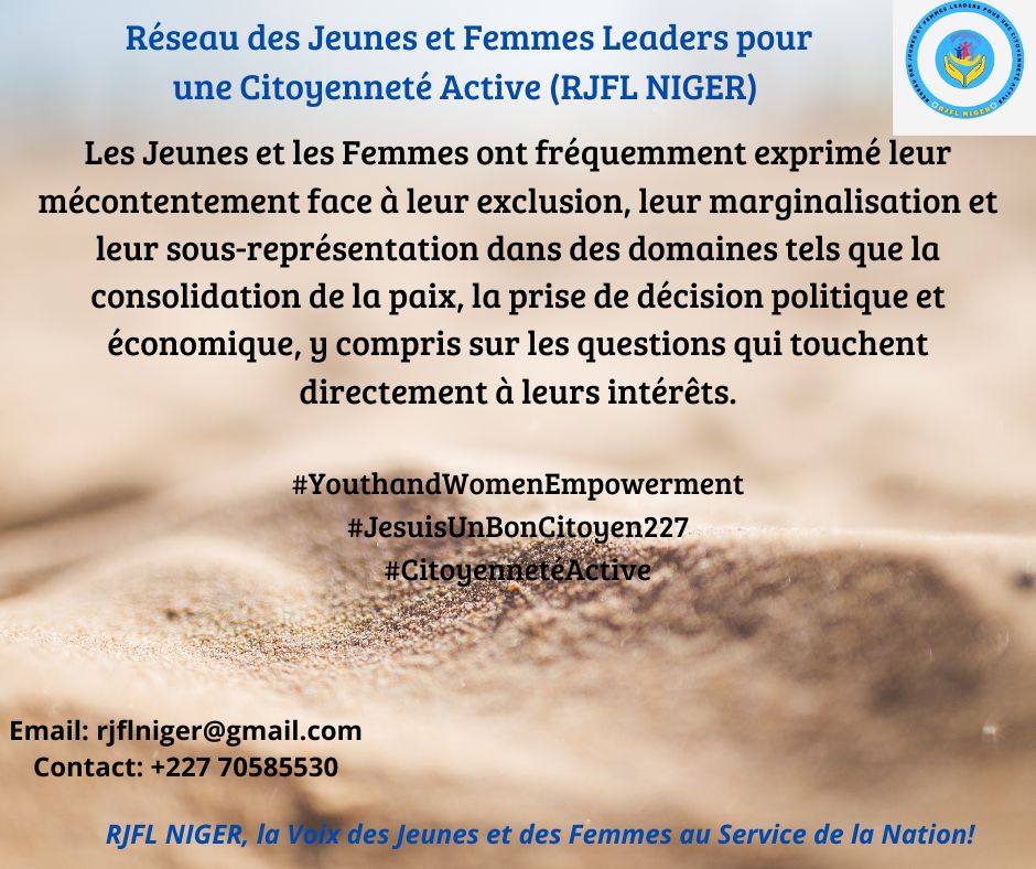 Kaltany (@kaltany) on Twitter photo Youth & Women have frequently expressed their dissatisfaction with their exclusion marginalisation and underrepresentation in areas such as peacebuilding political and economic decision-making even in those issues that directly affect their interests <a href="/NigerRjfl/">RJFL NIGER</a> <a href="/acydeai/">African Center for Youth Dev. Education & Advocacy</a> <a href="/AU_WGYD/">African Union Women, Gender & Youth Directorate</a> Youth & Women have frequently expressed their dissatisfaction with their exclusion marginalisation and underrepresentation in areas such as peacebuilding political and economic decision-making even in those issues that directly affect their interests <a href="/NigerRjfl/">RJFL NIGER</a> <a href="/acydeai/">African Center for Youth Dev. Education & Advocacy</a> <a href="/AU_WGYD/">African Union Women, Gender & Youth Directorate</a>