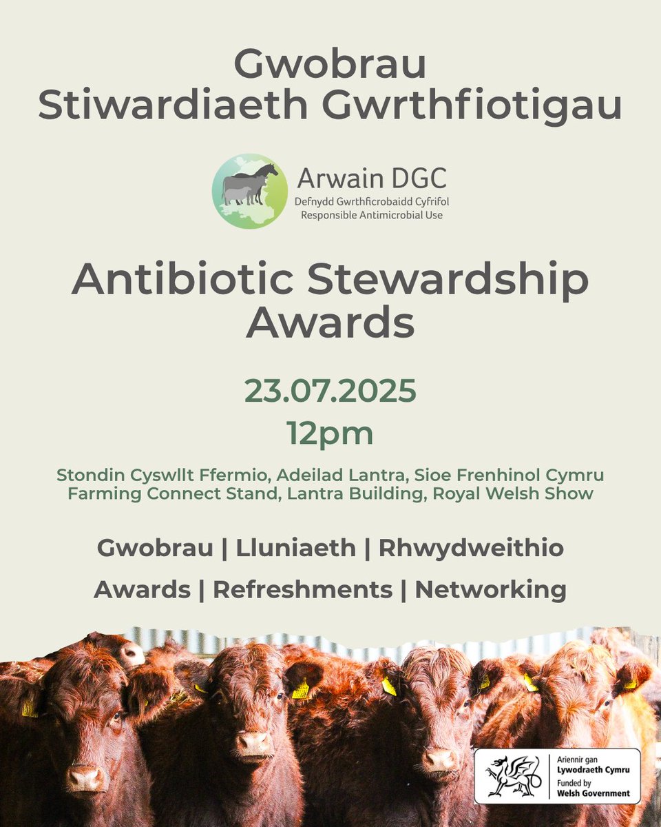 Arwain DGC (@arwaindgc) on Twitter photo Heb gofrestru eto? Ewch amdani!
Join us at the <a href="/royalwelshshow/">Royal Welsh Agricultural Society</a> to honor the fantastic innovation and dedication in antibiotic stewardship. 🏆 Come along and see who'll be announced as winners for the 2025 Antibiotic Stewardship Awards! There will be light refreshments and an Heb gofrestru eto? Ewch amdani!
Join us at the <a href="/royalwelshshow/">Royal Welsh Agricultural Society</a> to honor the fantastic innovation and dedication in antibiotic stewardship. 🏆 Come along and see who'll be announced as winners for the 2025 Antibiotic Stewardship Awards! There will be light refreshments and an