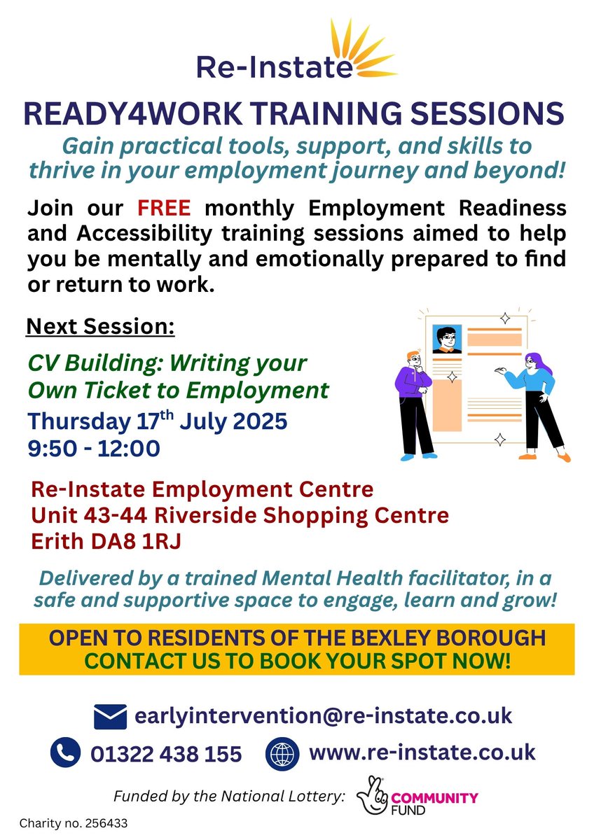 Re-Instate (@reinstateltd) on Twitter photo Good afternoon,
Join our FREE monthly Employment Readiness training sessions.
Date: Thursday 17th July 2025
Time: 9:50am to 12pm
Title: CV Building - Writing Your own Ticket to Employment
Email: earlyintervention@re-instate.co.uk or call 01322 438 155 to secure your spot. Good afternoon,
Join our FREE monthly Employment Readiness training sessions.
Date: Thursday 17th July 2025
Time: 9:50am to 12pm
Title: CV Building - Writing Your own Ticket to Employment
Email: earlyintervention@re-instate.co.uk or call 01322 438 155 to secure your spot.