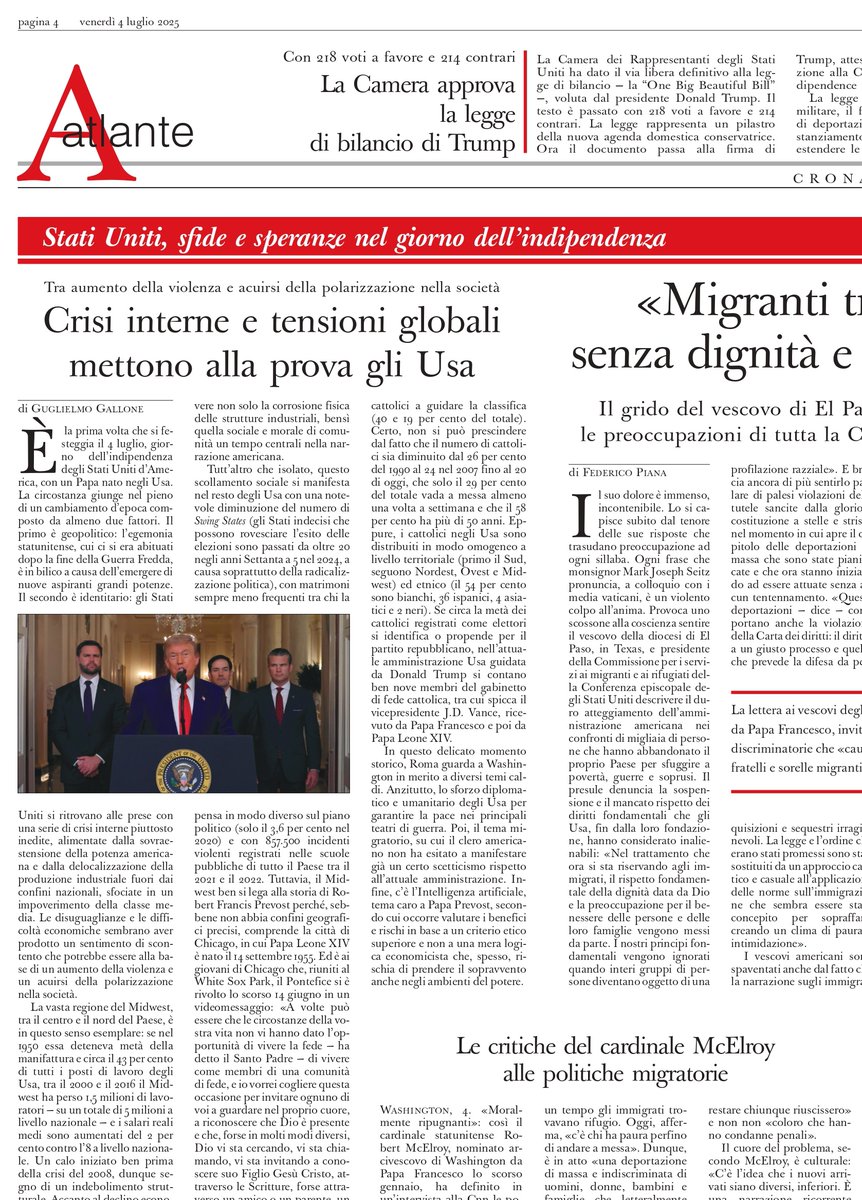 GuGallone's tweet image. È la prima volta che si festeggia il 4 luglio, giorno dell’indipendenza degli Stati Uniti d’America, con un Papa nato negli Usa. La circostanza giunge nel pieno di un cambiamento d’epoca. Ne parlo oggi su @oss_romano
osservatoreromano.va/it/news/2025-0…