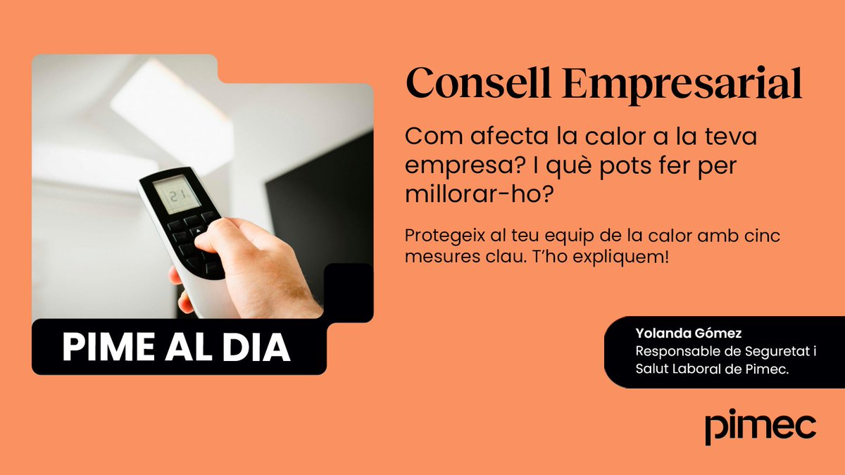 Com afecta la calor a la teva empresa? I què pots fer per millorar-ho?

✅ Yolanda Gómez, responsable de Seguretat i Salut Laboral de <a href="/Pimec/">Pimec</a>, et recorda algunes mesures clau per protegir al teu equip de la calor!

Llegeix l'article aquí: tinyurl.com/yc37www4