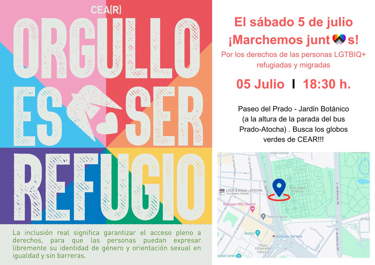 ¡Nos vemos mañana en la manifestación del #Orgullo2025! Para reivindicar los derechos de las personas LGTBIQA+ refugiadas 
🏳️‍🌈 🏳️‍⚧️
📍5-Julio, 18:30h, Paseo del Prado, cerca de la entrada al Botánico. ¡Busca los globos verdes! 

Que nadie tenga que huir por SER, SENTIR Y AMAR.